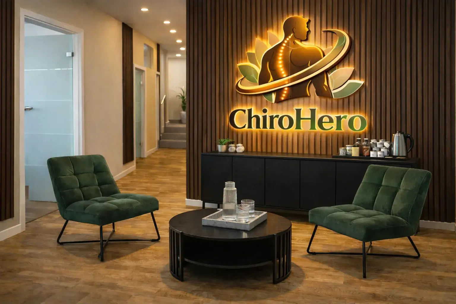 Wartebereich mit ChiroHero-Logo