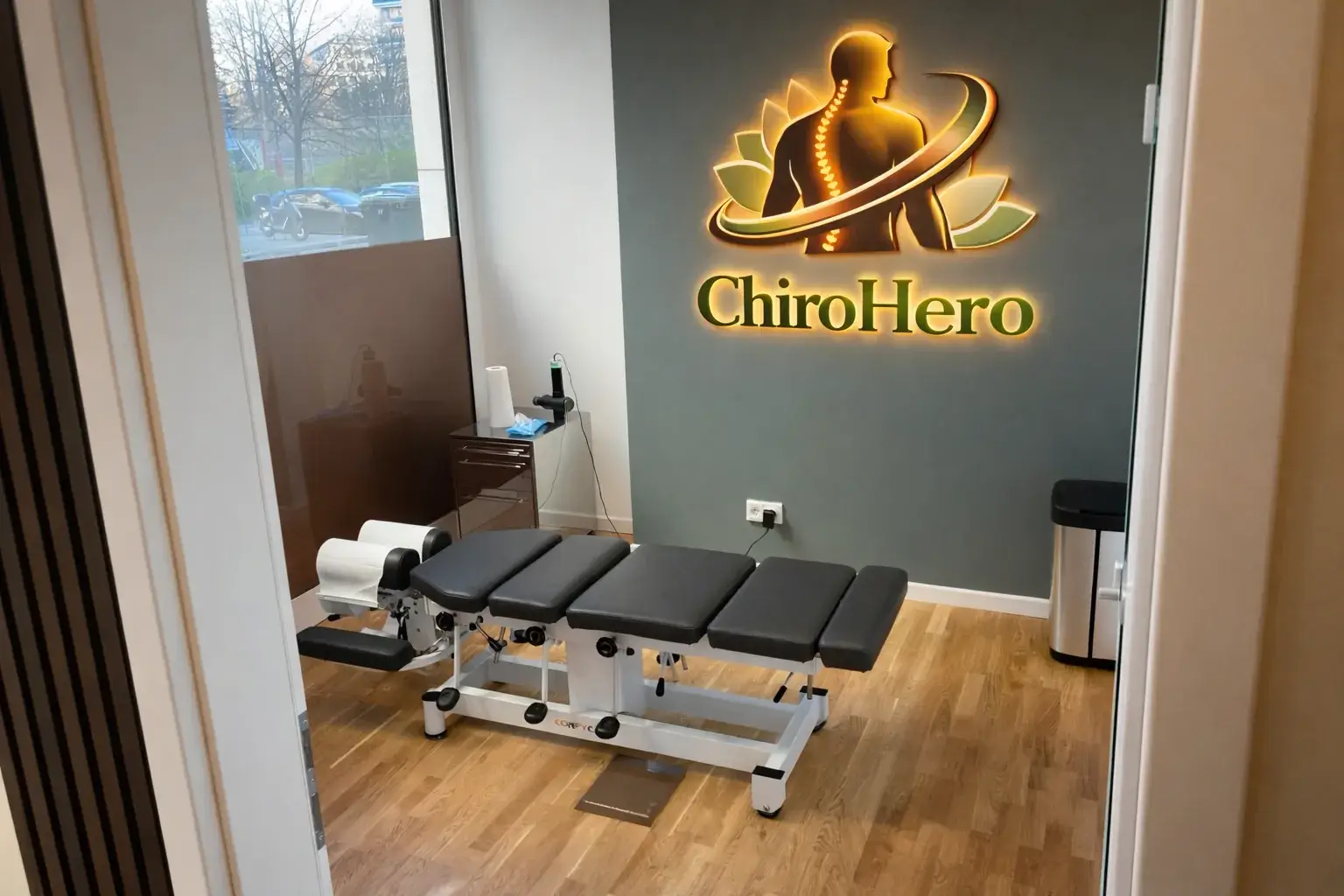 Behandlungsraum mit ChiroHero-Logo